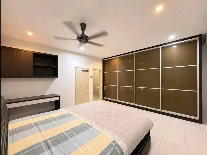 Bedroom features: king-size bed with light-colored bedding, ceiling fan, built-in wardrobe with glass panels, wooden shelving unit, white painted walls, light-colored tiled flooring, recessed ceiling lights, door leading to hallway; style: modern.
