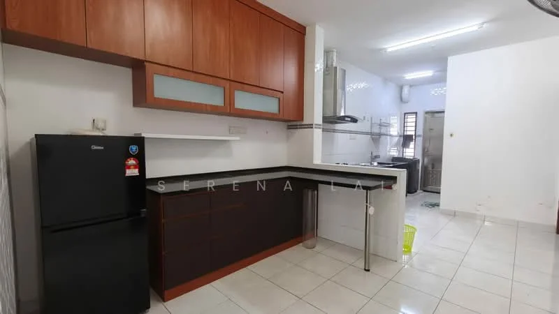 Kitchen features: dark wood cabinetry, white upper cabinets with glass panels, black countertop, stainless-steel sink, chrome pull-down faucet, built-in stove, exhaust hood, black fridge, white tiled backsplash, white tiled flooring, fluorescent ceiling lights; style: modern.