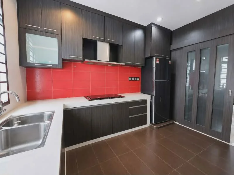 Kitchen features: dark wood cabinetry, white countertop, double-bowl stainless-steel sink, chrome pull-down faucet, built-in induction cooktop, stainless-steel range hood, red tile backsplash, black refrigerator, sliding glass door, brown ceramic tile flooring, under-cabinet lighting, glass-front upper cabinets; style: modern.