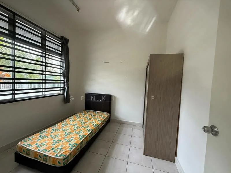 Bedroom features: single bed with mattress, white painted walls, grey tiled flooring, large window with black metal grille, curtains, built-in wardrobe, ceiling light fixture.