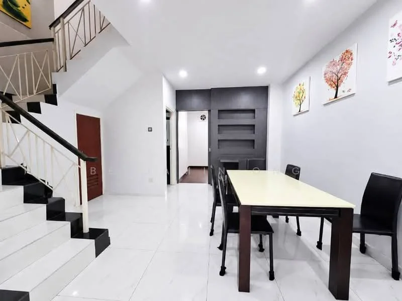 Dining features: white tiled flooring, white painted walls, recessed LED downlights, 6-seater dining table with light-colored top, black dining chairs, decorative wall art with floral designs, open space leading to staircase, built-in shelving unit in dark wood; style: modern. Room features: white painted walls, white tiled flooring, staircase with black and white steps, doorway leading to another room.