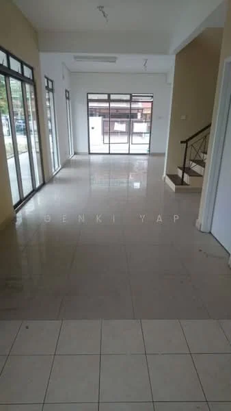 Room features: glossy tile flooring, white painted walls, large windows with clear glass, natural light flooding in, staircase with metal railing, open layout, high ceiling, neutral color scheme; style: modern.
