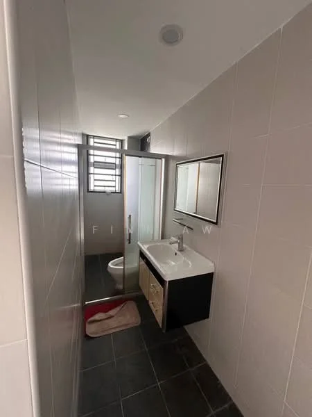 Bathroom features: white tiled walls, dark grey floor tiles, single-sink vanity with wood cabinet, chrome basin mixer faucet, framed mirror, glass shower enclosure, toilet, window with grille, recessed ceiling lights; style: modern.
