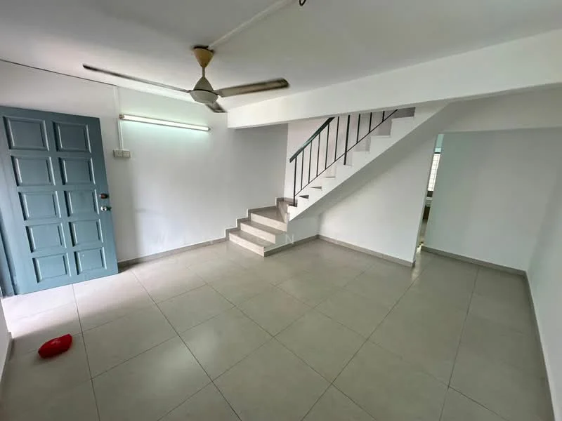 Living features: white painted walls, tile flooring, ceiling fan, staircase with metal railing, large windows, door with blue paneling, light fixture, neutral color scheme; style: modern.