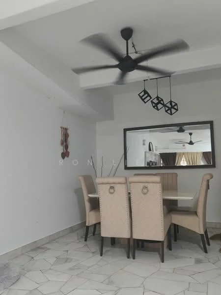 Dining features: 4-seater dining table, upholstered dining chairs, ceiling fan with 3 blades, pendant lighting, mirror on wall, white painted walls, marble flooring, decorative wall hanging; style: modern.
