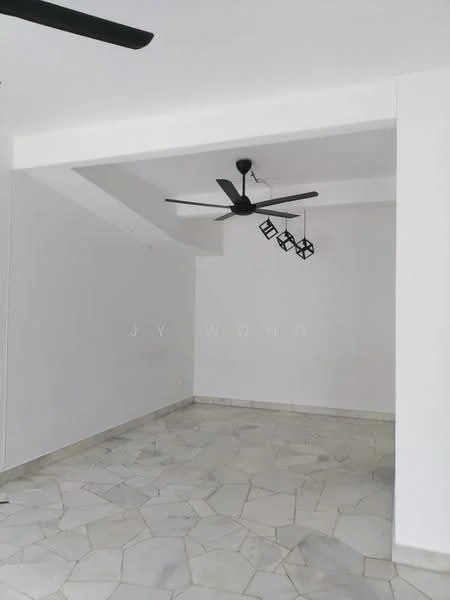 Room features: white painted walls, marble flooring, 5-blade ceiling fan, recessed downlights, hanging light fixture with multiple bulbs, open layout, corner wall with sloped ceiling; style: modern.