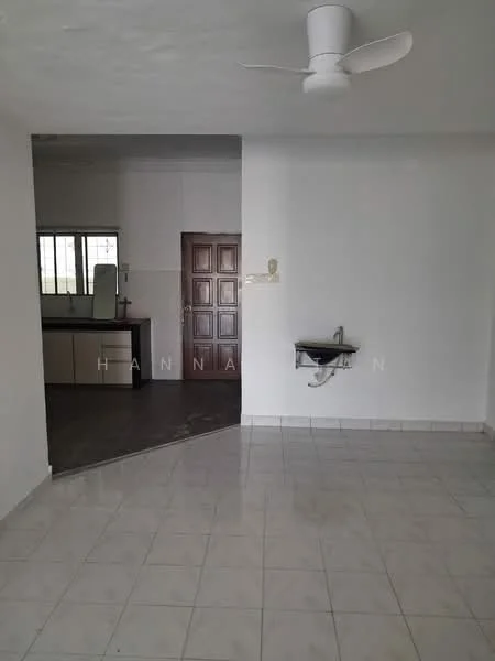 Room features: white painted walls, ceramic tile flooring, ceiling fan, window with natural light, door leading to another room, sink with wall-mounted faucet, open layout, neutral color scheme.