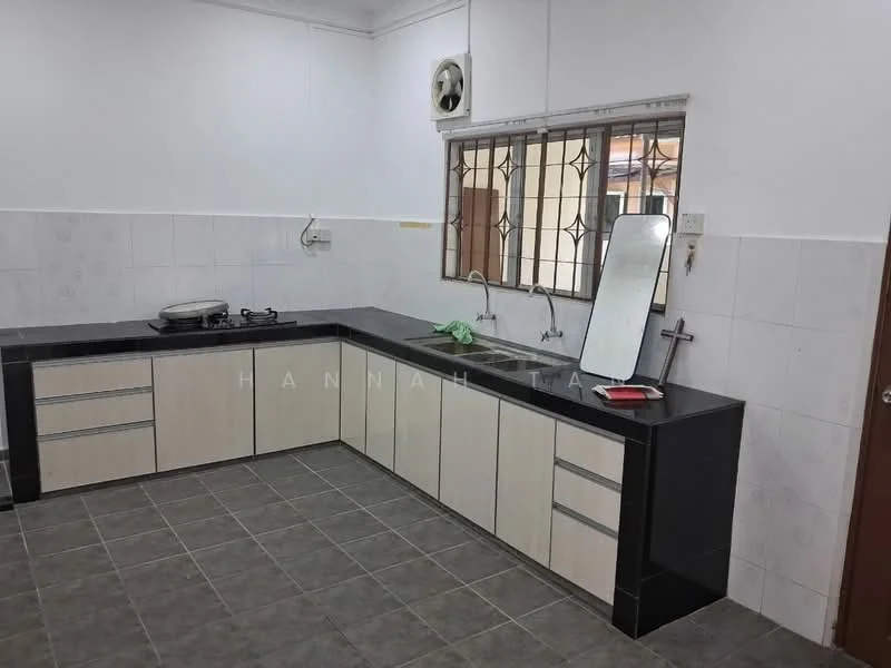 Kitchen features: black granite countertop, light wood cabinetry, stainless-steel gas hob, sink with faucet, tile backsplash, grey ceramic tile flooring, window with metal grille, mirror on countertop, cross decoration on wall; style: modern.