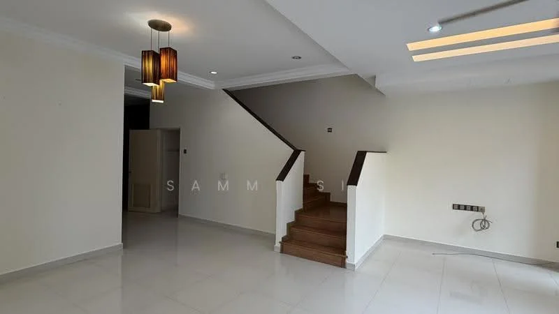 Living features: white painted walls, polished tile flooring, recessed downlights, pendant light fixture, staircase with wooden steps, open layout, ceiling with crown moulding, wall-mounted electrical outlets; style: modern.