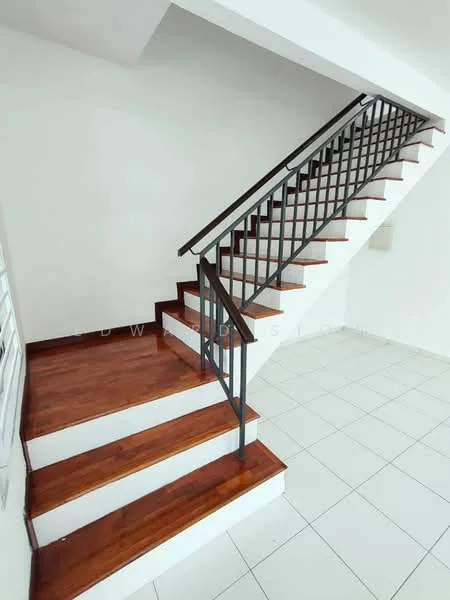 Room features: wooden staircase with metal railing, white painted walls, white tiled flooring, stair landing with wooden steps, open space, natural light from nearby windows; style: modern.