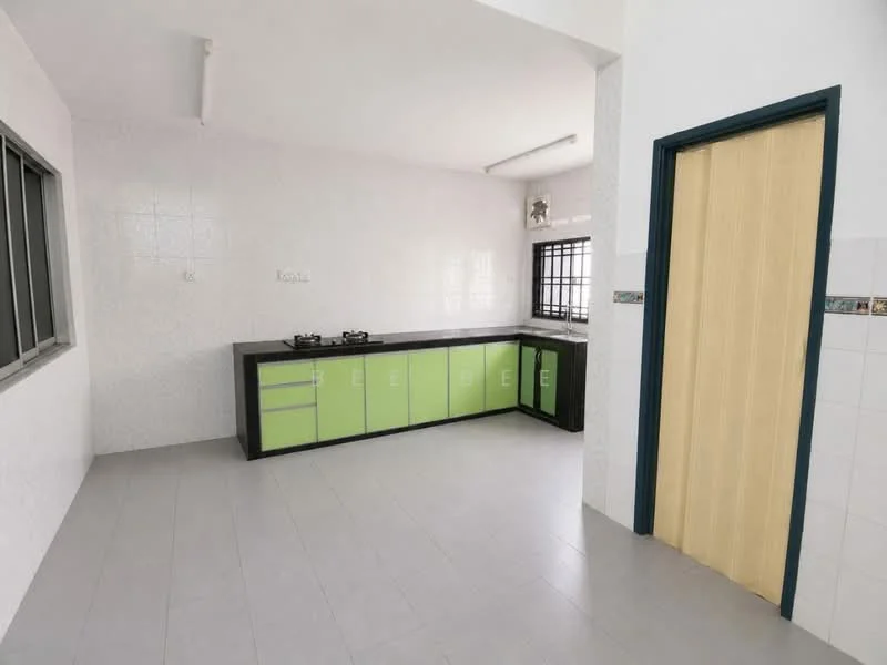 Kitchen features: green cabinetry, black countertop, two-burner gas hob, white tiled walls, grey tile flooring, window with metal grille, door with wooden finish, ceiling lights; style: modern.