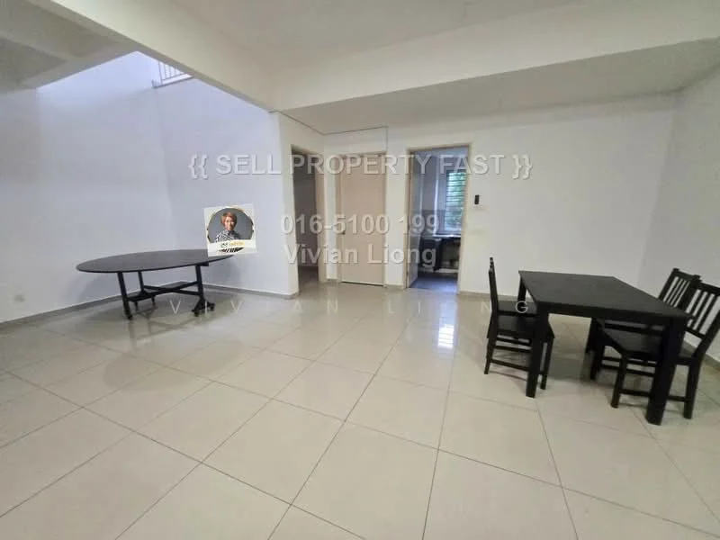 Room features: white painted walls, tile flooring, two black dining tables, four black dining chairs, large open space, natural light from windows, high ceiling, neutral color scheme; style: modern.