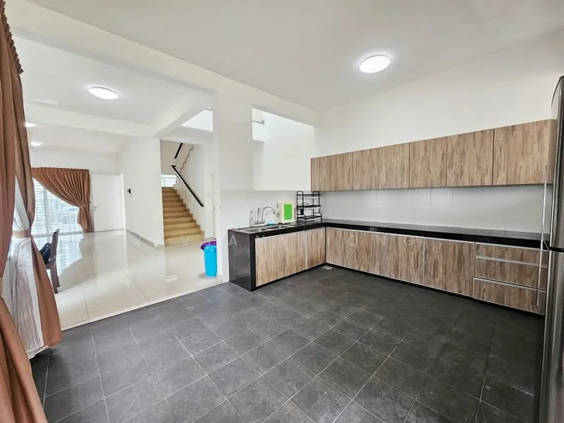 Kitchen features: black countertop, wood cabinetry, stainless-steel fridge, built-in oven, single-bowl stainless-steel sink, chrome pull-down faucet, ceramic tile flooring, recessed downlights; style: modern. Living features: large windows, cream painted walls, white ceiling, tile flooring, curtains, staircase visible; style: modern.