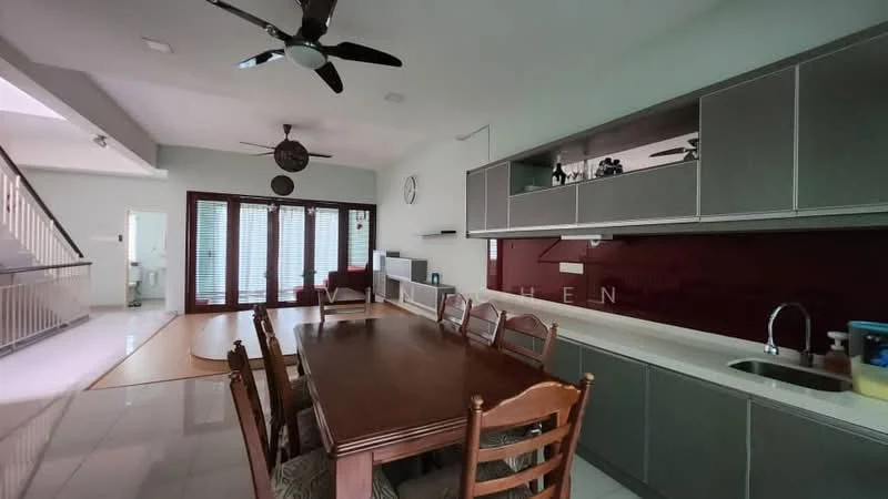 Kitchen features: dark wood dining table with 8 chairs, grey cabinetry, white countertop, stainless-steel sink, chrome pull-down faucet, red backsplash, built-in appliances, recessed downlights, ceiling fan, floor-to-ceiling windows, white tiled flooring; style: modern. Room features: open layout, natural light from windows.