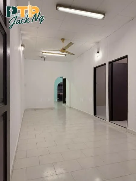 Room features: white painted walls, glossy tile flooring, ceiling lights, 5-blade ceiling fan, door frames, multiple doorways, neutral color scheme, high ceiling; style: modern.