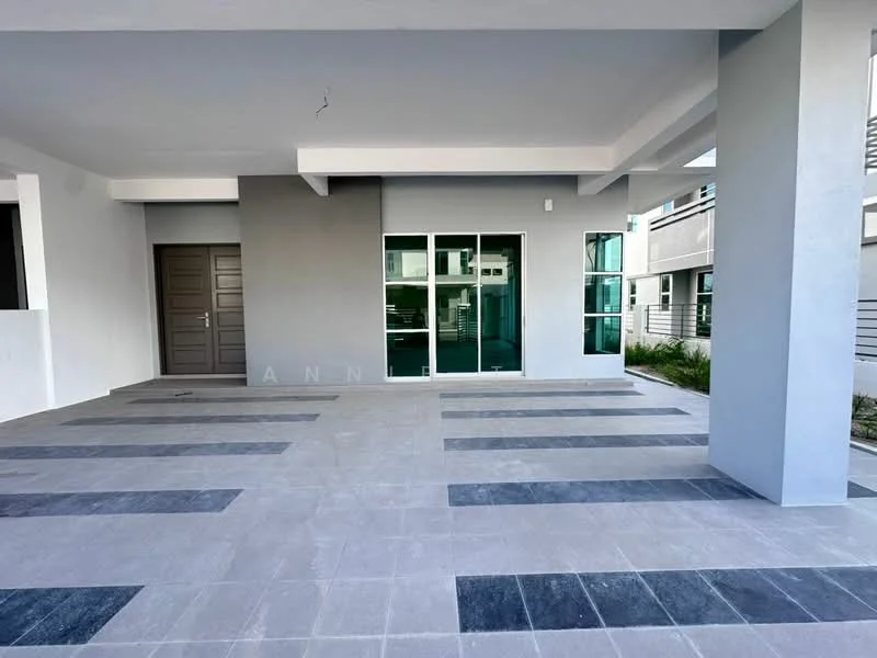 Exterior features: grey painted walls, large glass windows, sliding glass door, concrete flooring with grey and black tiles, overhang roof, manicured landscaping, modern architectural design; style: modern.