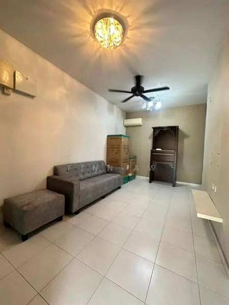Living features: grey fabric sofa, single ottoman, white wall, tile flooring, ceiling fan, chandelier, wall-mounted air conditioning unit, wooden cabinet, floating shelf; style: modern.