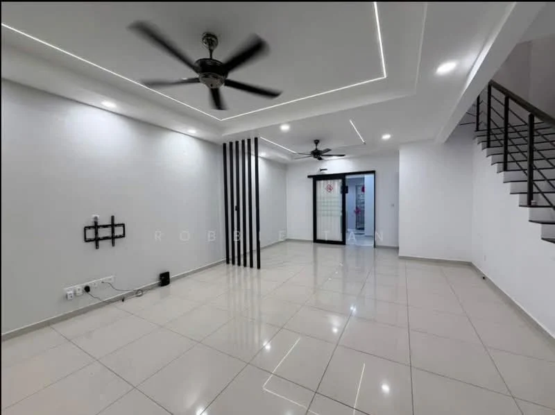 Living features: white painted walls, polished ceramic tile flooring, recessed LED downlights, 2 ceiling fans, sliding glass door, black feature wall with vertical stripes, open layout, no visible furniture; style: modern.