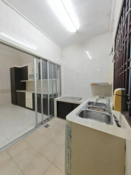 Kitchen features: double-bowl stainless-steel sink, chrome pull-down faucet, laminate countertop, white cabinetry, dark wood cabinetry, ceramic tile flooring, white tiled walls, recessed ceiling lights, sliding glass door, open shelving, built-in cabinets; style: modern.