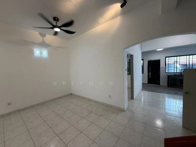 Living features: white painted walls, ceramic tile flooring, 5-blade ceiling fan, recessed downlights, open layout to adjacent room, no visible furniture, large windows, neutral color scheme; style: modern. Room features: white painted walls, ceramic tile flooring, large windows, open layout to living room, kitchen area visible, neutral color scheme.