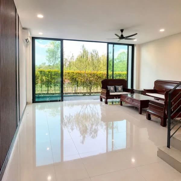 Living features: white painted walls, polished ceramic tile flooring, 5-blade ceiling fan, floor-to-ceiling windows, sliding glass door, wooden sofa set, glass coffee table, natural light from windows, view of greenery outside; style: modern; view: garden.