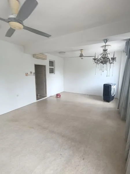 Living features: white painted walls, polished concrete flooring, chandelier, 2 ceiling fans, air conditioning unit, large window, curtains, door leading to another room; style: minimalist.