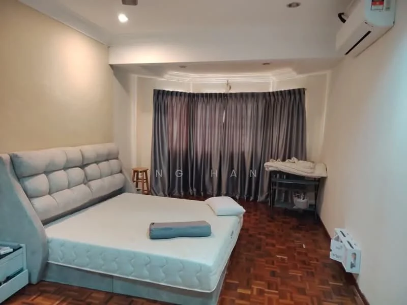 Bedroom features: queen-size bed, upholstered headboard, wooden flooring, floor-to-ceiling windows, grey curtains, air conditioning unit, wall-mounted light fixtures, wooden stool, blanket on bed, bedside pillow, decorative wall paneling, neutral wall color; style: modern.