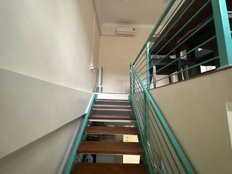 Room features: wooden staircase, metal railing with turquoise finish, cream painted walls, wall-mounted split AC unit, recessed ceiling lights; style: modern.