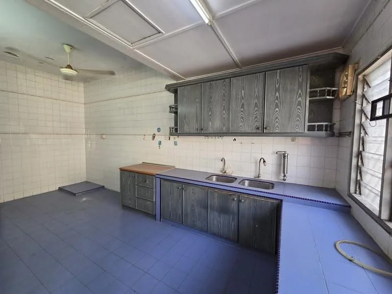 Kitchen features: blue tiled flooring, white tiled walls, grey wooden cabinetry, double-bowl stainless-steel sink, chrome faucet, wood countertop, ceiling fan, window with blinds, wall-mounted air conditioning unit.