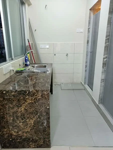 Laundry features: granite countertop, single-bowl stainless-steel sink, chrome pull-down faucet, white tiled walls, grey tiled flooring, wall-mounted storage, washing machine connection, shower area with glass partition; style: modern.