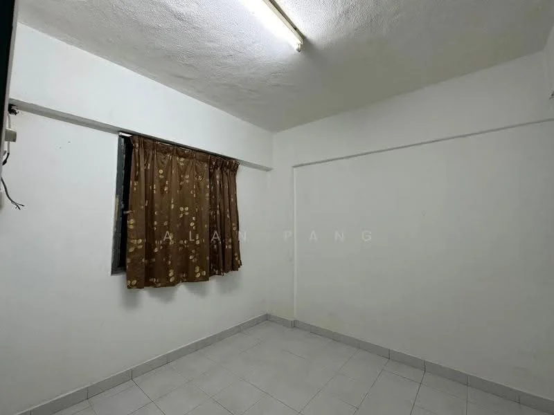 Room features: white painted walls, plain ceiling, fluorescent ceiling light, tiled flooring, window with brown curtain, no visible furniture; style: minimalist.