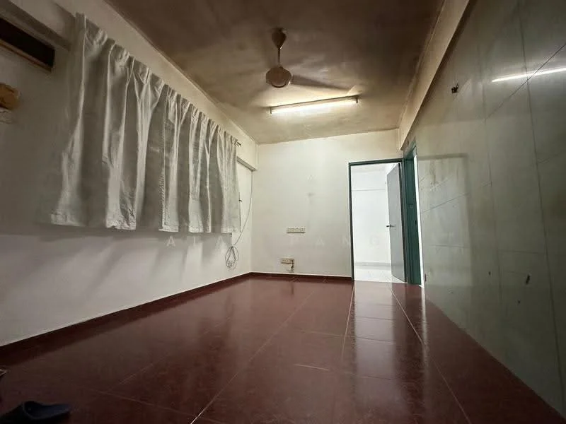 Room features: white painted walls, brown tiled flooring, ceiling fan, curtains, light fixture, glass wall, doorway, power outlet.