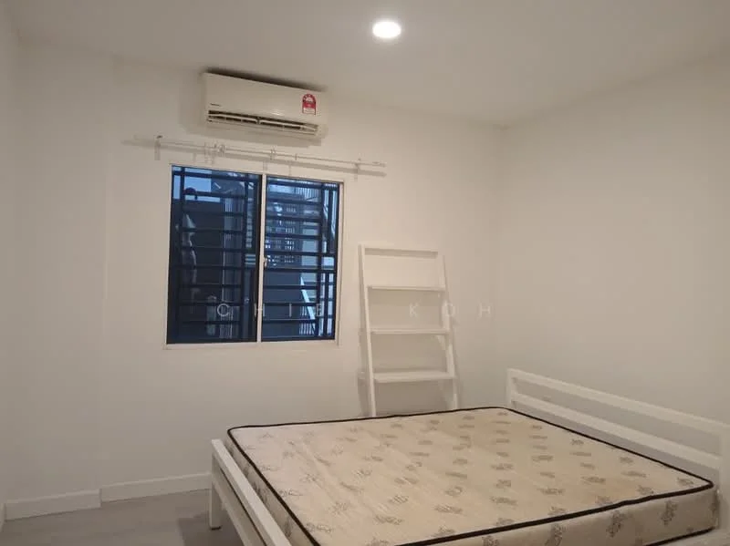 Bedroom features: white painted walls, light grey flooring, 1 wall-mounted split AC, single bed frame, mattress on bed frame, window with black metal grille, white shelving unit, ceiling light, no curtains; style: minimalist; view: city.