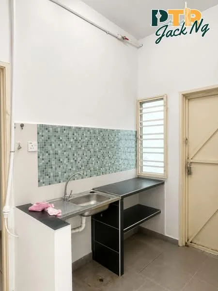 Laundry features: single-bowl stainless-steel sink, black countertop, mosaic tile backsplash in green and white, white painted walls, grey ceramic tile flooring, window with horizontal slats, built-in shelving unit, door leading to outside; style: modern.