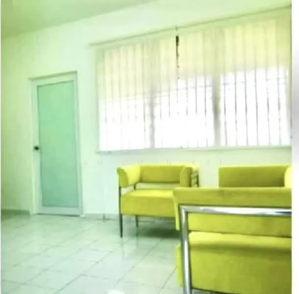 Living features: yellow upholstered armchairs, white walls, tiled flooring, large windows with sheer curtains, glass door, ceiling light fixture; style: modern.