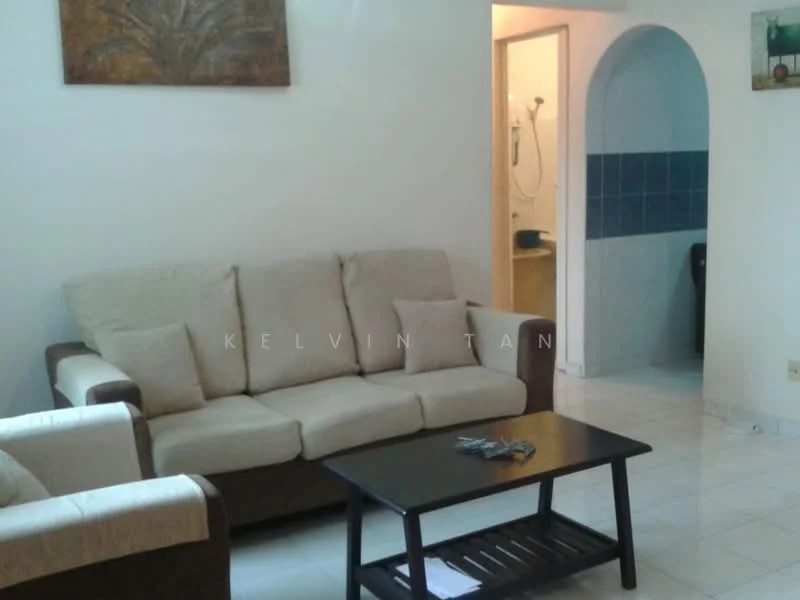 Living features: 3-seater fabric sofa in beige, 2-seater fabric sofa in beige, coffee table with slatted design, white painted walls, tile flooring, decorative artwork on wall, archway leading to another room, light fixture on ceiling; style: modern. Room features: shower with glass enclosure, blue tiled wall, white fixtures.
