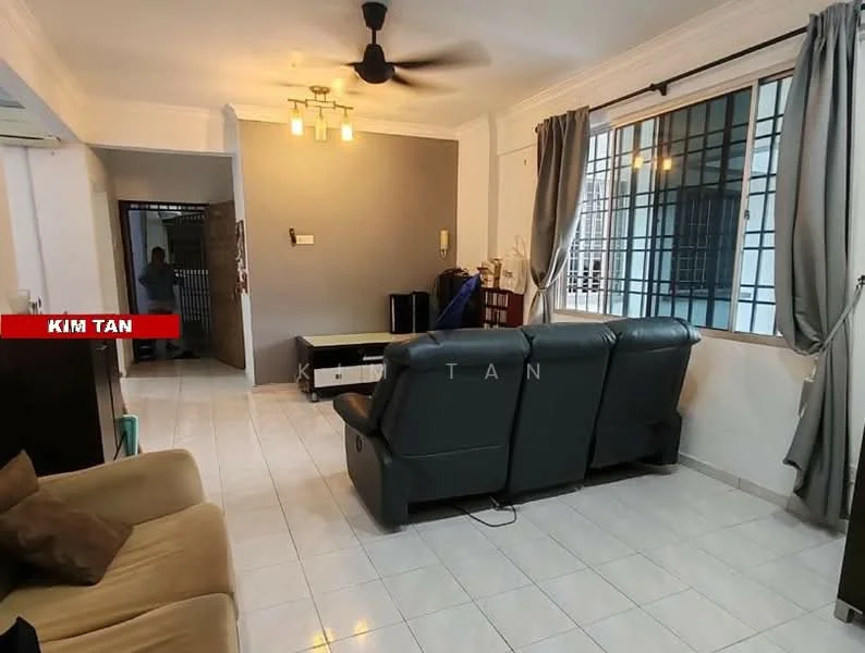 Living features: grey leather sofa, coffee table, wall-mounted TV, white painted walls, grey accent wall, tile flooring, ceiling fan, curtains, built-in shelving unit, light fixtures with multiple bulbs; style: modern.