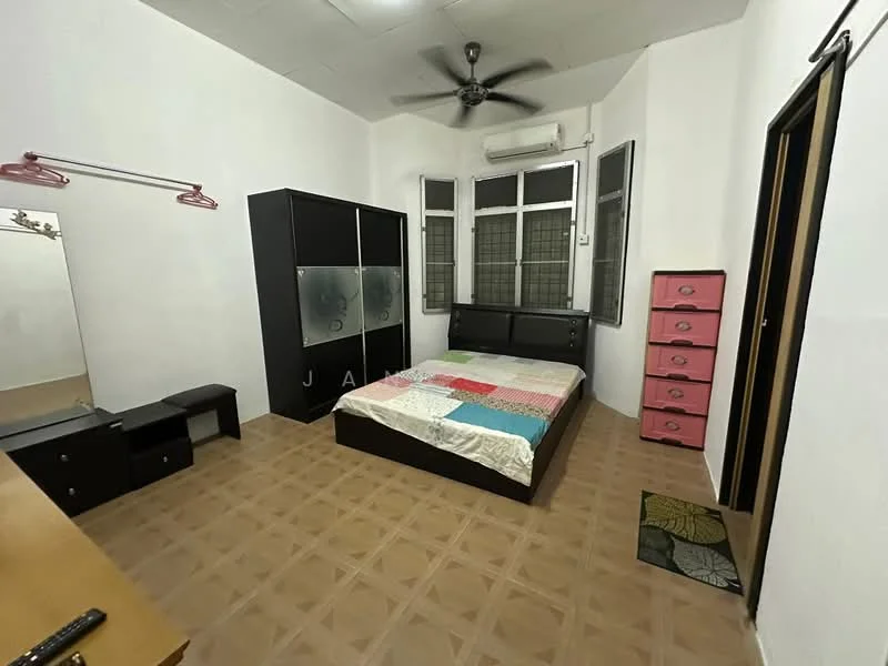 Bedroom features: queen-size bed with colorful bedding, black wooden bed frame, black bedside table, black dresser with mirror, pink chest of drawers, ceiling fan, air conditioning unit, floor-to-ceiling windows, tiled flooring, decorative area rug.