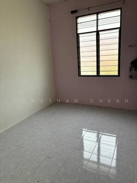 Room features: light purple painted walls, white tiled flooring, single window with horizontal slats, no visible furniture or decor.