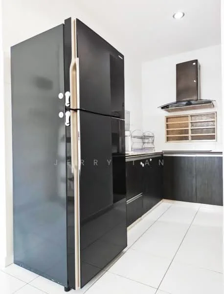 Kitchen features: black refrigerator, black cabinetry, white countertop, stainless-steel range hood, built-in oven, ceramic tile flooring, open shelving, kitchen sink, wall-mounted cabinets, glass-front upper cabinets; style: modern.