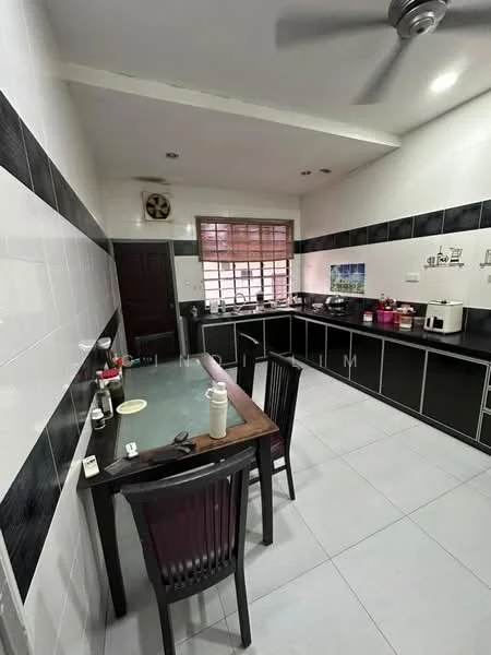 Kitchen features: black and white tiled walls, grey ceramic tile flooring, ceiling fan, window with wooden blinds, black cabinetry with silver handles, glass dining table, black dining chairs, stainless-steel appliances, kitchen countertop, built-in sink, microwave, kettle, toaster; style: modern.