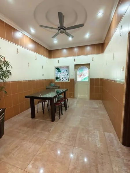 Dining features: marble tile flooring, cream painted walls, brown tiled accent wall, 5-blade ceiling fan with light, dining table with black surface, 4 black dining chairs, decorative indoor plant, recessed downlights, arched doorway, windows with decorative views; style: modern.