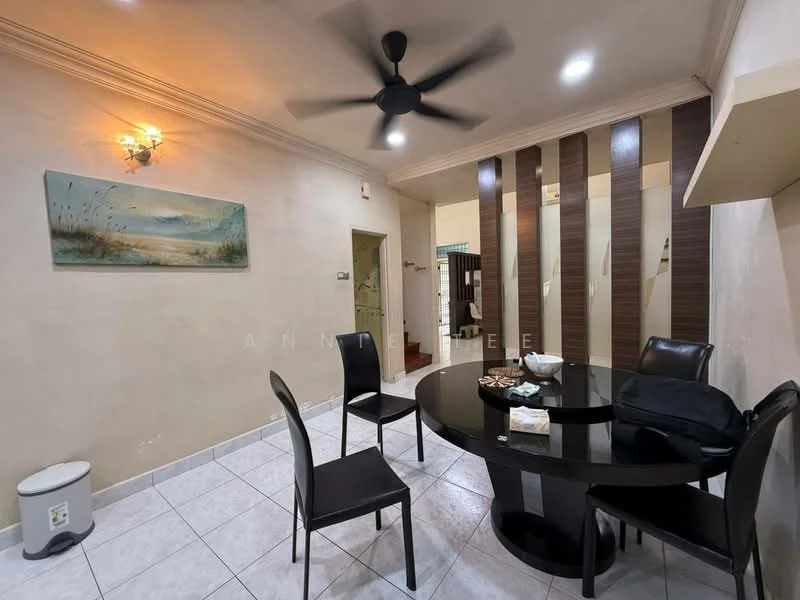 Dining features: round dining table, black dining chairs, white tiled flooring, cream painted walls, ceiling fan, wall-mounted light fixture, decorative painting on wall, built-in cabinetry with wood finish; style: modern.