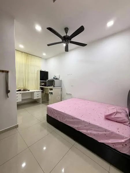 Bedroom features: queen-size bed with pink bedding, wall-mounted ceiling fan, white painted walls, tile flooring, built-in desk with storage, black office chair, curtains for window, light fixtures in ceiling; style: modern.