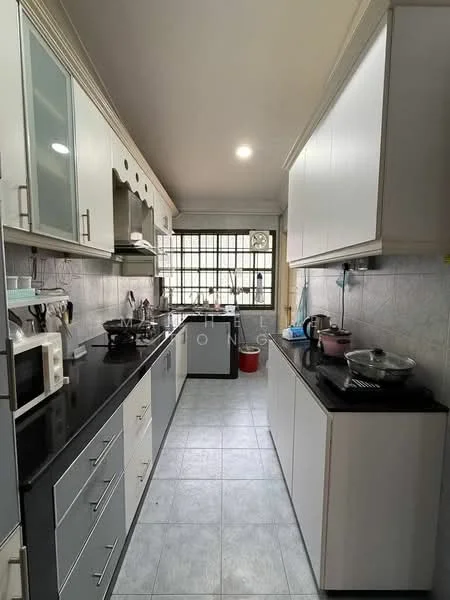 Kitchen features: black granite countertop, white cabinetry with glass-front upper cabinets, stainless-steel sink, chrome pull-down faucet, built-in oven, freestanding range oven, microwave, ceramic tile flooring, recessed downlights, window with grid pattern, kitchen utensils on countertop, multiple pots and pans on stove; style: modern.
