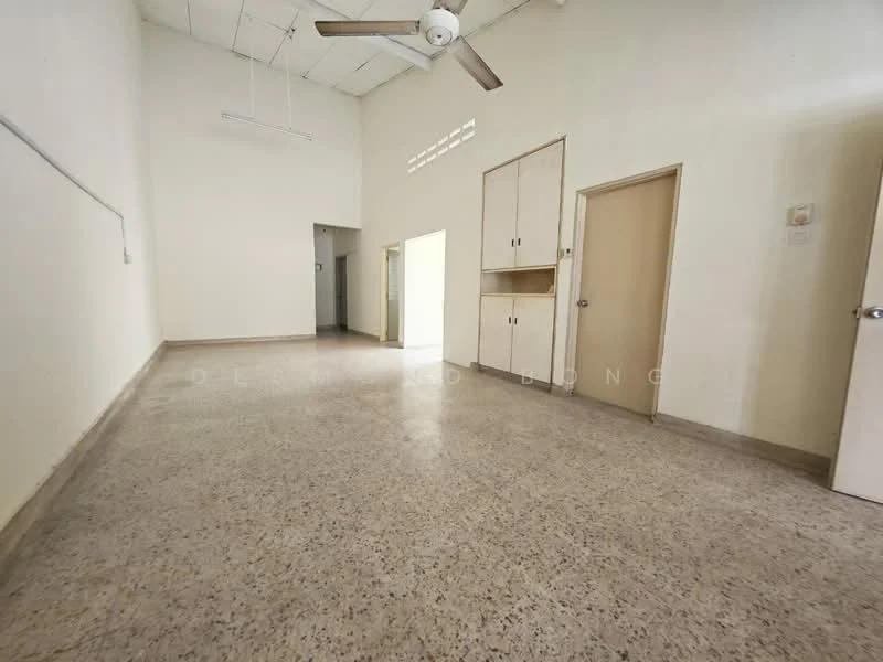 Room features: polished concrete flooring, white painted walls, ceiling fan, built-in cabinets, door leading to another room, door leading to hallway, high ceiling, natural light from windows; style: minimalist.