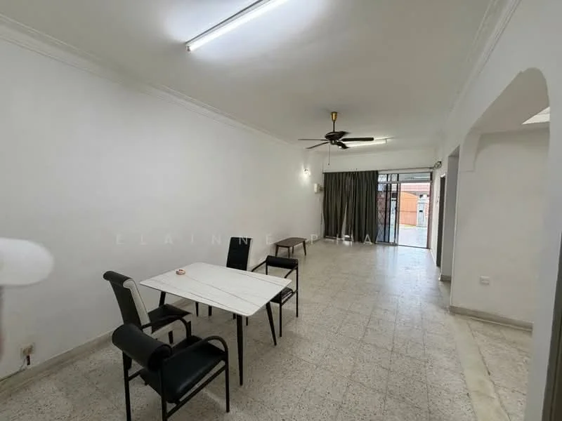 Living features: white painted walls, ceiling with crown moulding, tile flooring, 5-blade ceiling fan, large sliding glass door, curtains, dining table with four chairs, natural light from windows; style: minimalist.