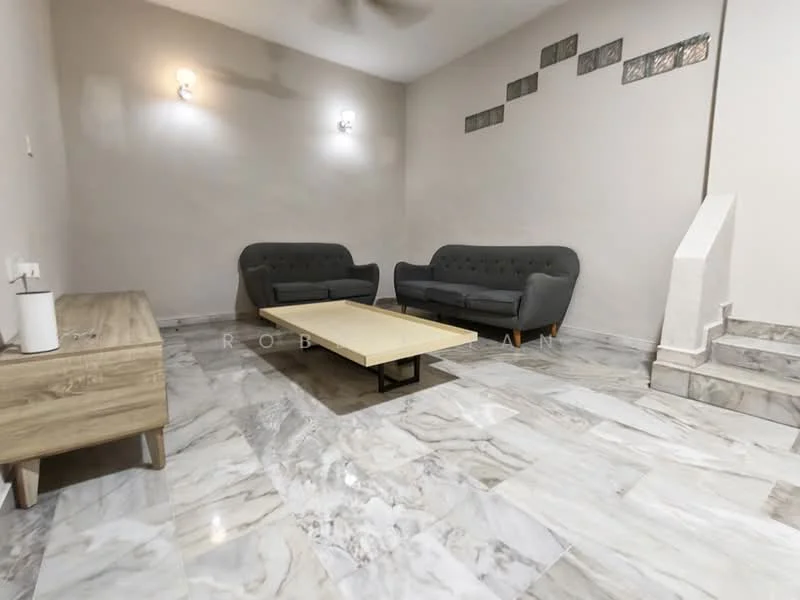 Living features: marble tile flooring, light grey painted walls, 2 grey fabric sofas, wooden coffee table, wall-mounted sconces, ceiling fan, staircase leading to upper level, decorative wall with glass accents; style: modern.