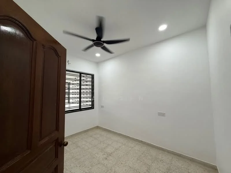 Room features: white painted walls, ceiling fan, recessed LED downlights, window with security bars, light-colored tiled flooring, door with wooden finish; style: modern.