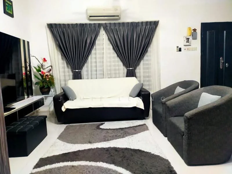 Living features: 3-seater sofa in black, 2 armchairs in grey, white throw blanket on sofa, flat-screen TV on wall-mounted console, area rug with abstract pattern, floor-to-ceiling curtains in grey, air conditioning unit on wall, decorative plants in ceramic pots, white walls, light-colored flooring; style: modern.